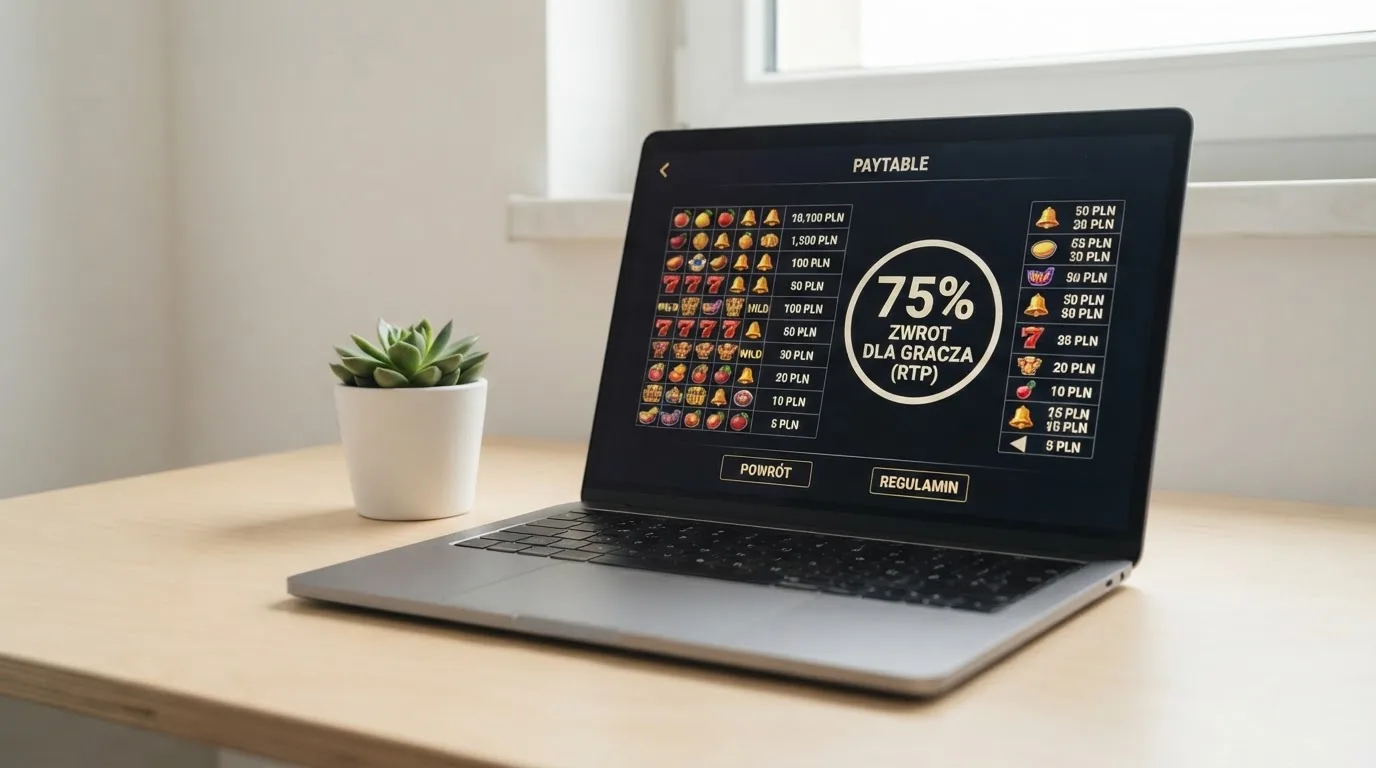 ekran automatu online z otwartą tabelą wypłat pokazującą wartość procentową RTP