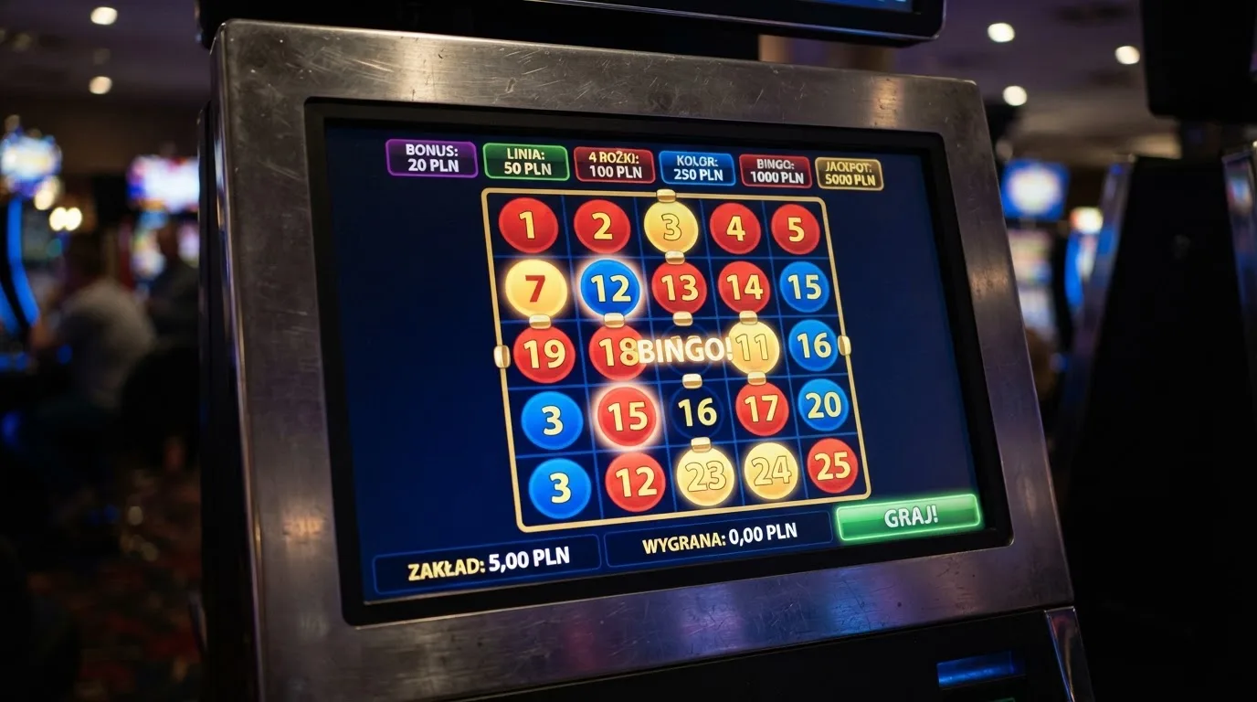 Ekran automatu do gry z kolorową planszą w stylu bingo i podświetlonymi liczbami
