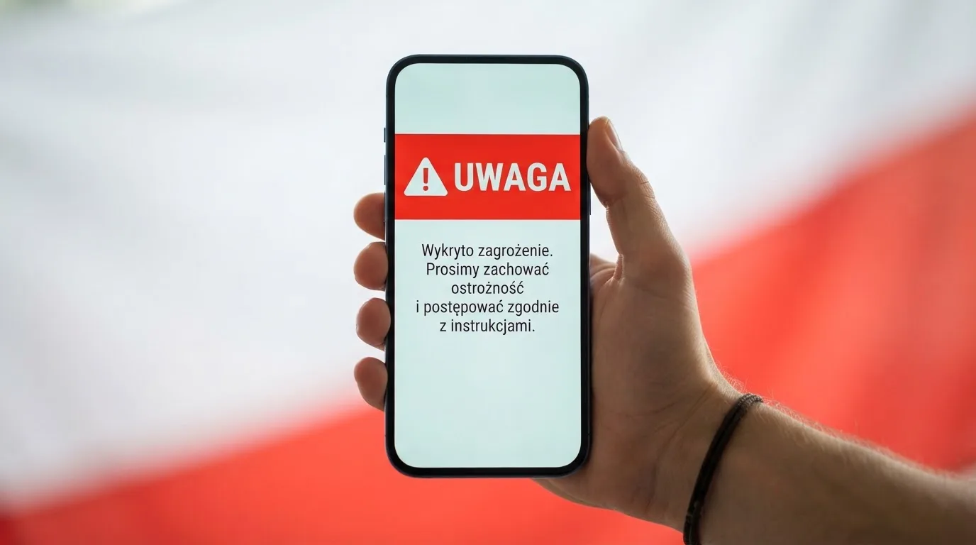 Dłoń trzymająca telefon z widocznym komunikatem ostrzegawczym o legalności hazardu online na tle biało-czerwonej flagi Polski.