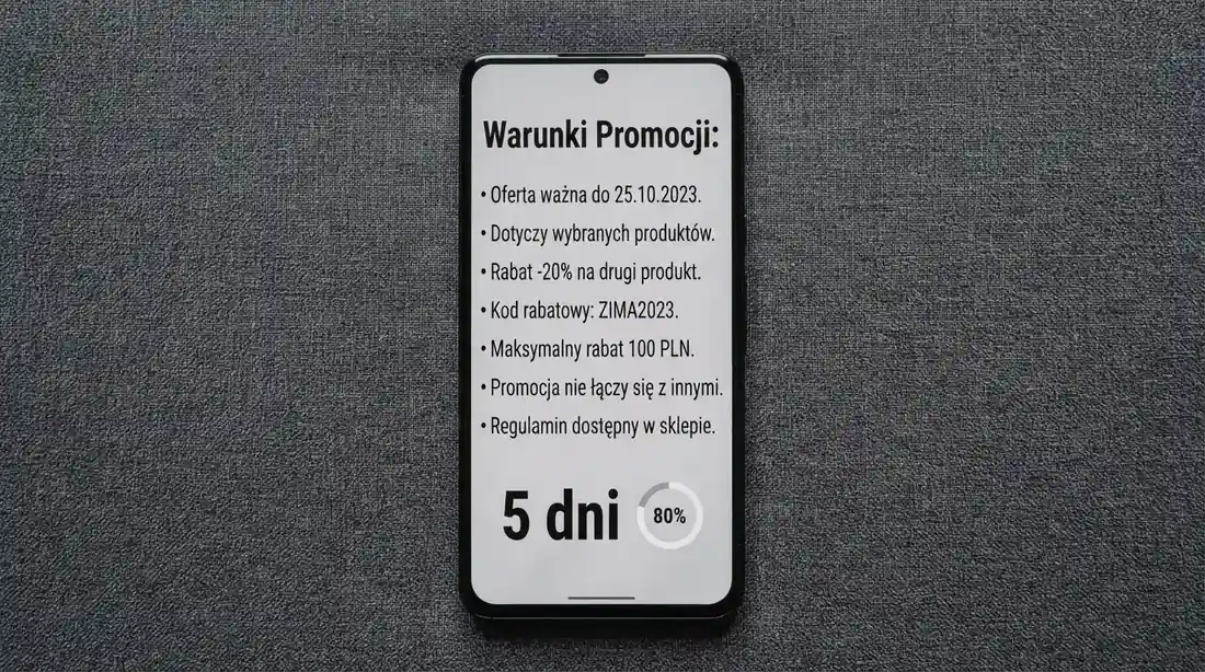 Zbliżenie na telefon z listą warunków promocji i licznikiem odliczającym dni do końca oferty