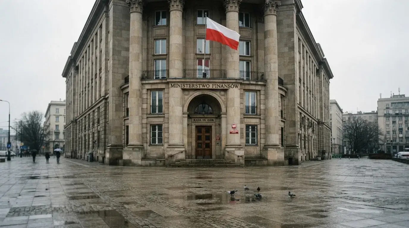 Fasada budynku instytucji państwowej z flagą Polski, symbol nadzoru regulatora nad rynkiem gier hazardowych