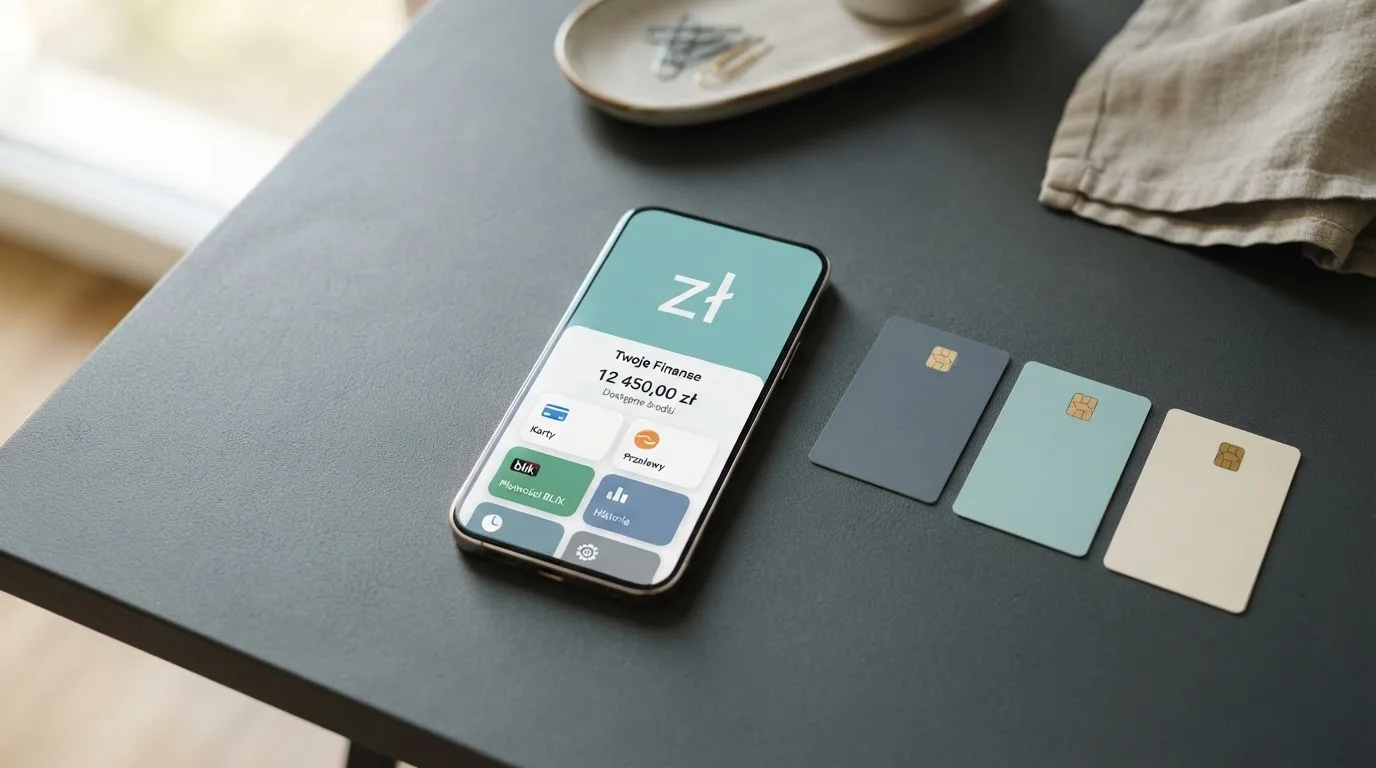 Ikony popularnych elektronicznych portfeli płatniczych obok telefonu z otwartą aplikacją bankową