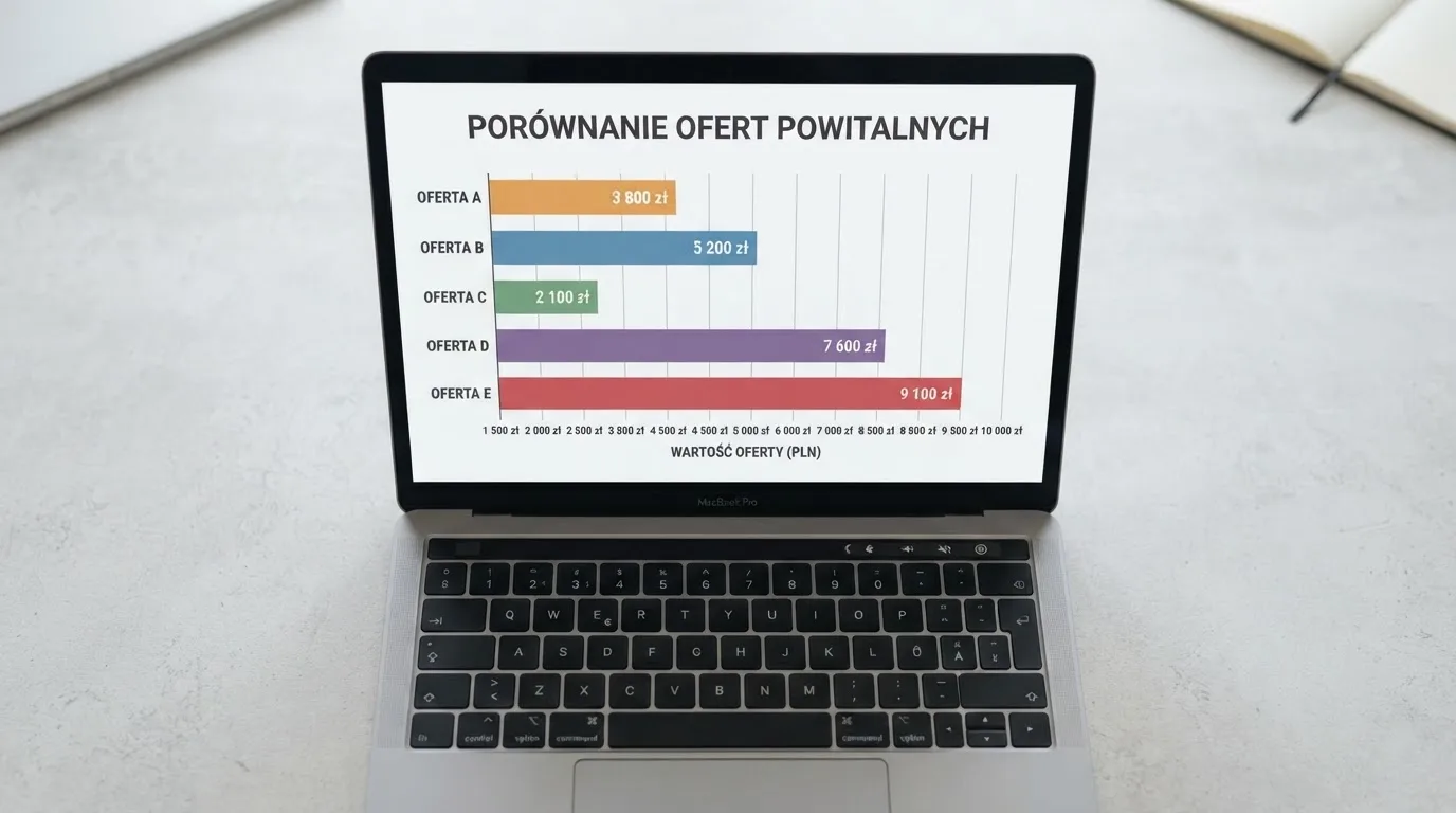 Widok z góry na laptop z otwartą tabelą porównawczą ofert powitalnych kilku serwisów kasynowych