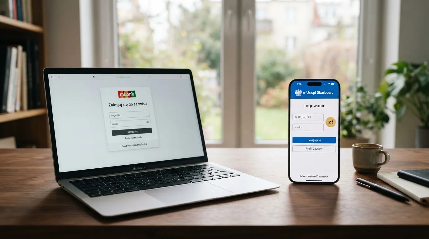 Dwa ekrany logowania kasyna online obok siebie na biurku, jeden z polskim interfejsem złotówkowym, symbolizujące porównanie dwóch różnych serwisów