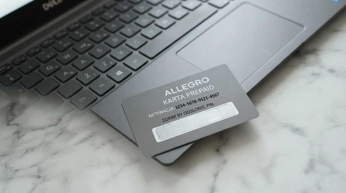 Karta przedpłacona Paysafecard z zasłoniętym polem kodu PIN obok klawiatury laptopa