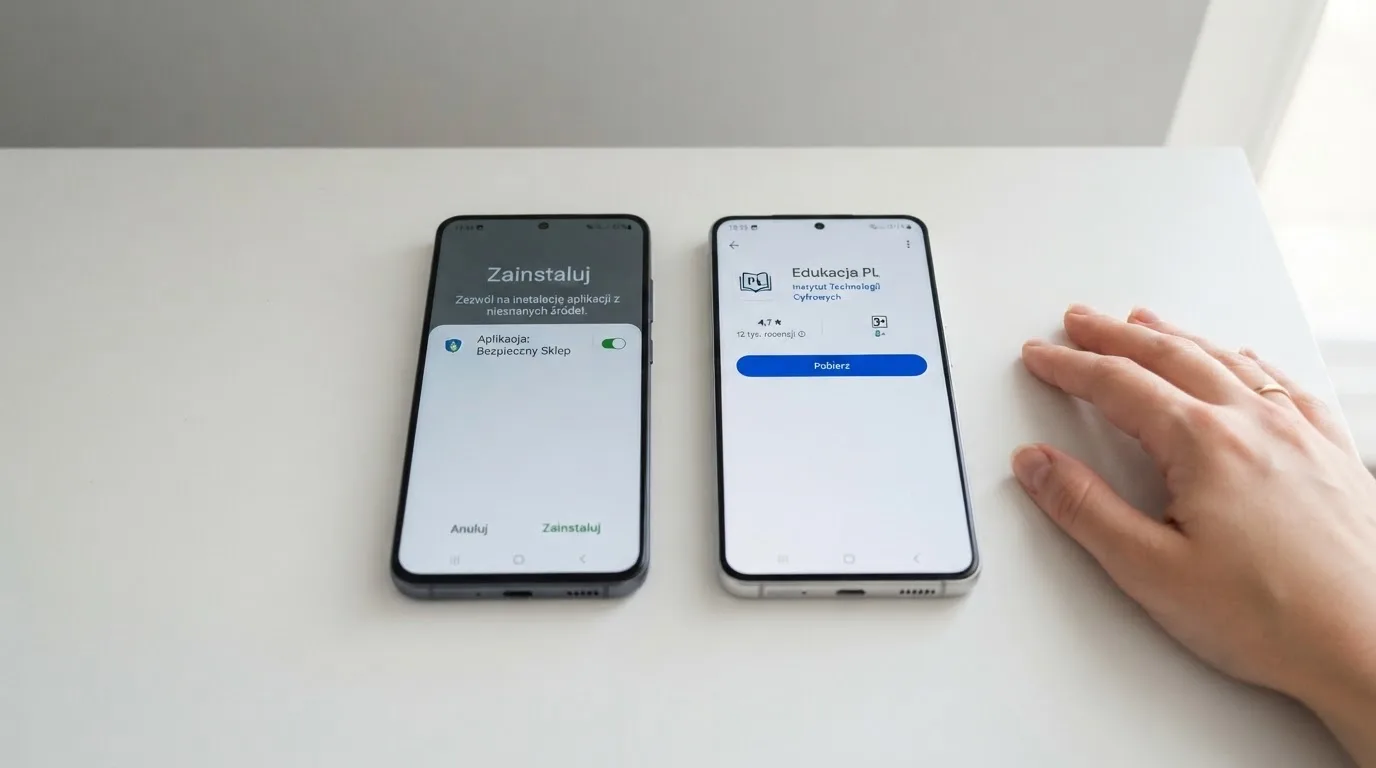 Dwa telefony obok siebie: na jednym komunikat zgody na instalację pliku APK z nieznanego źródła, na drugim strona aplikacji w sklepie z przyciskiem pobierania