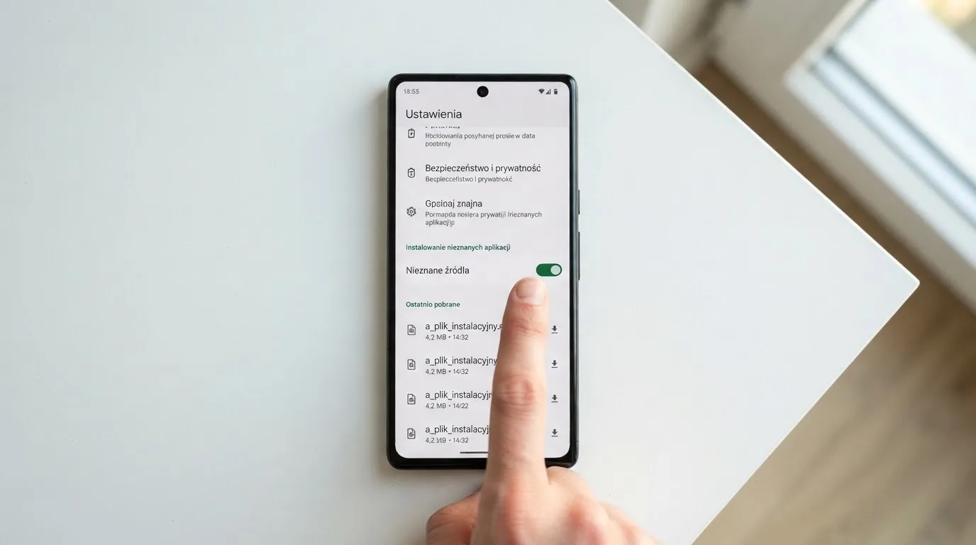 Ekran ustawień Androida z przełącznikiem zgody na instalację aplikacji z nieznanego źródła i pobranym plikiem instalacyjnym na liście