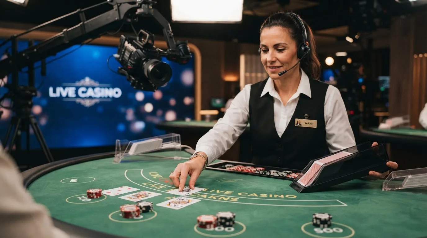 Krupier rozdający karty przy stole blackjacka podczas transmisji na żywo