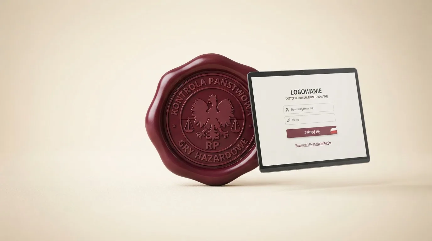 Symboliczna pieczęć urzędowa i waga obok ekranu logowania do serwisu hazardowego
