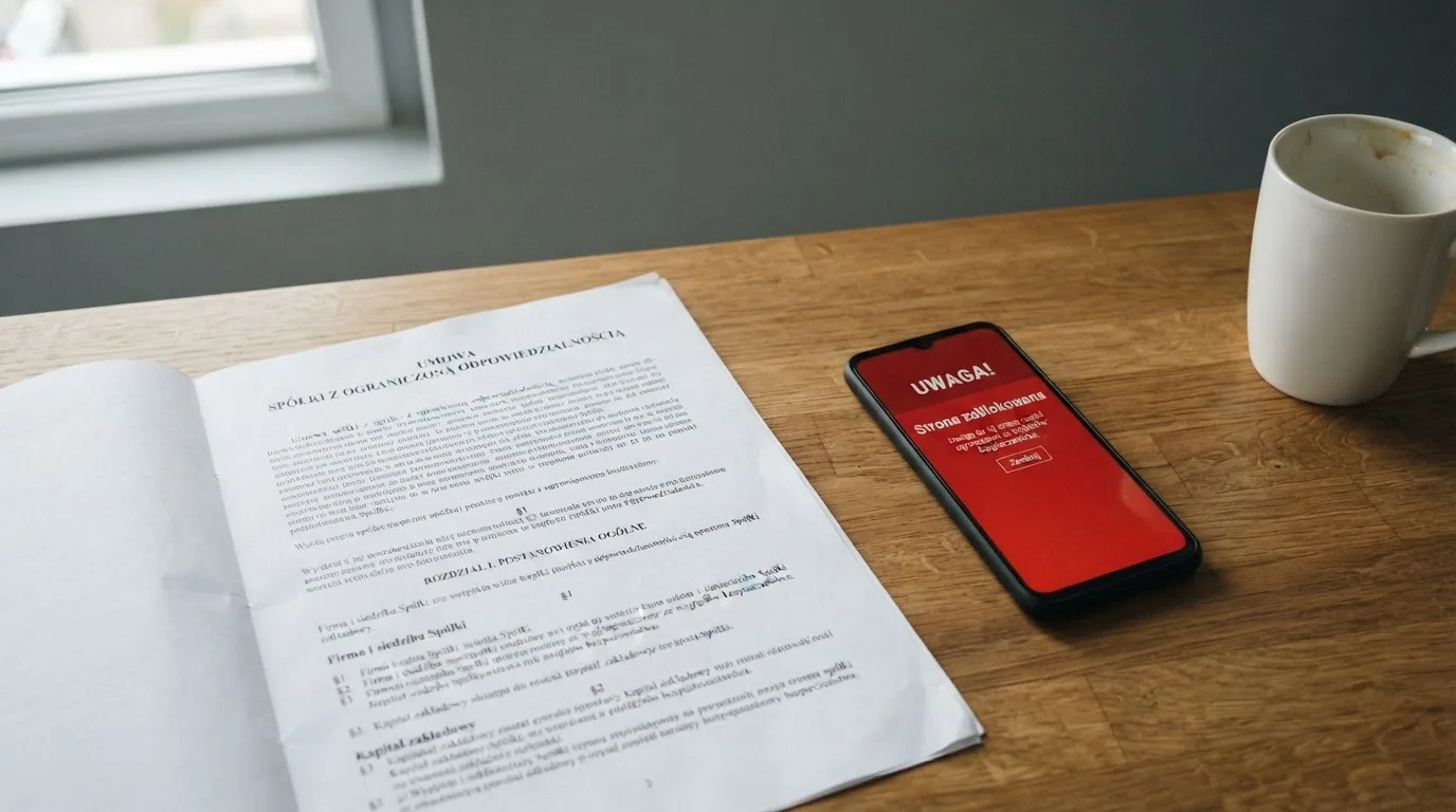 Biurko z wydrukiem ustawy o grach hazardowych i telefonem wyświetlającym komunikat o zablokowanej stronie kasyna