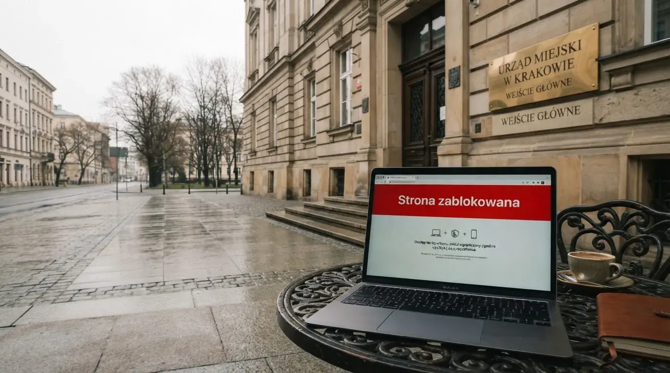 Budynek urzędu z tablicą ministerstwa, na pierwszym planie laptop z komunikatem o zablokowanej stronie kasyna