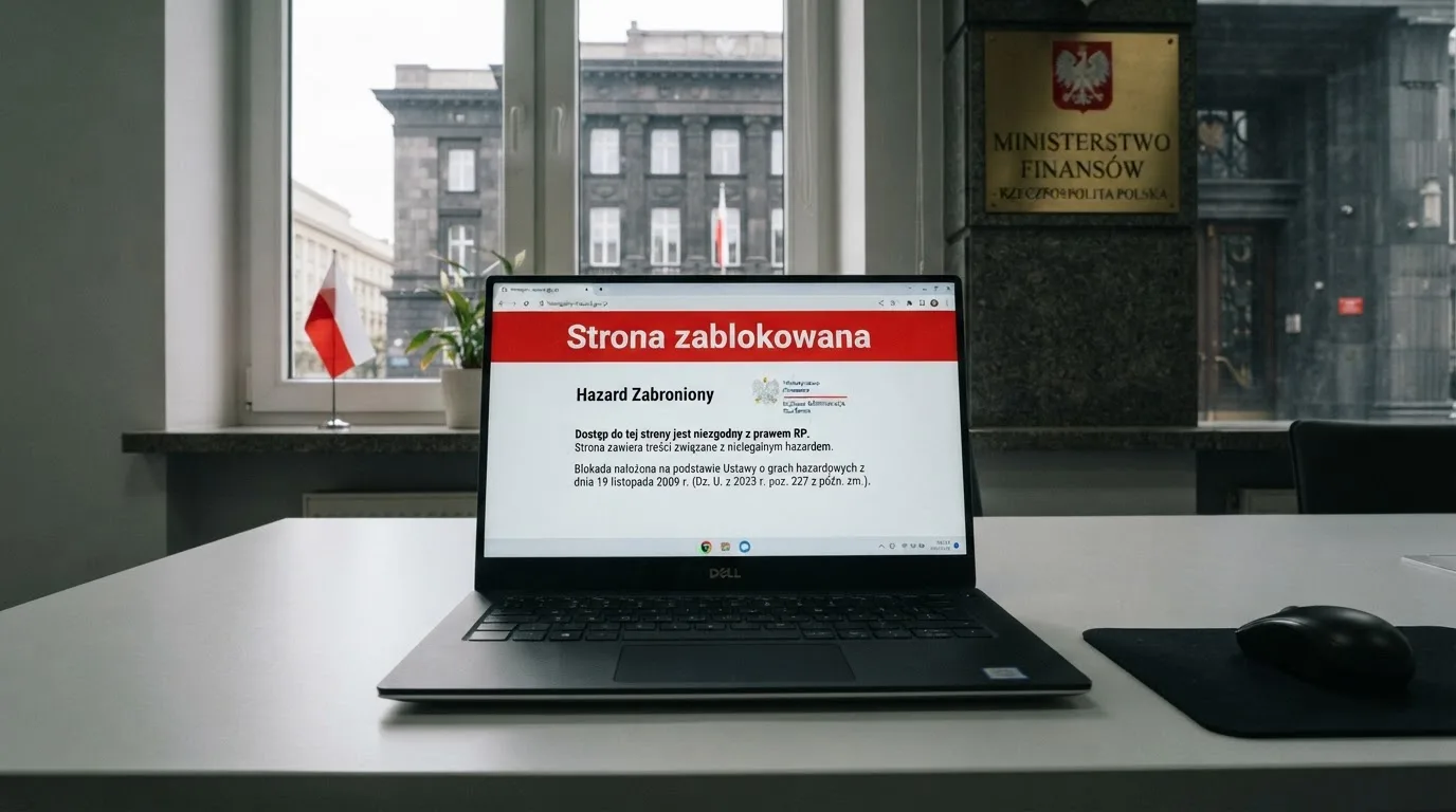Laptop z komunikatem o zablokowanej stronie hazardowej, w tle budynek urzędu z tablicą ministerstwa