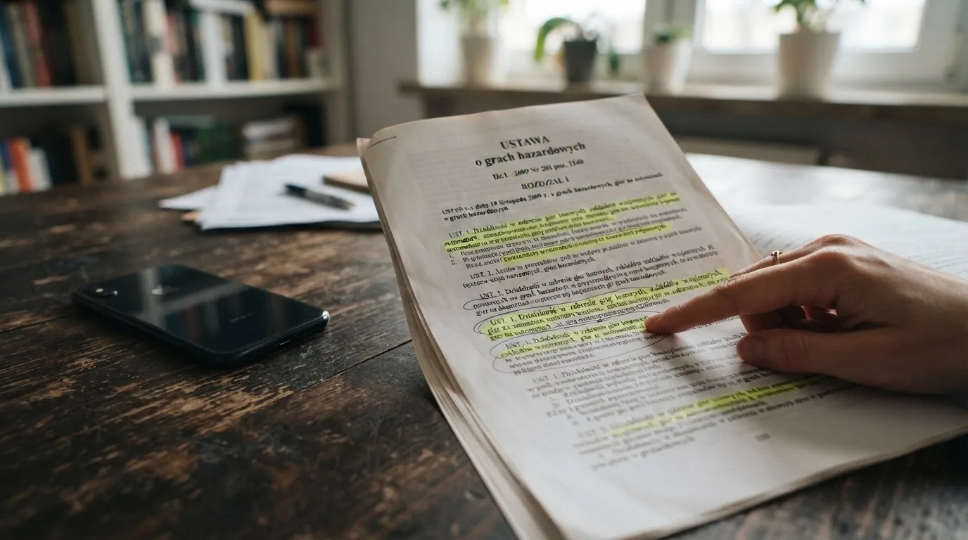 Wydruk ustawy o grach hazardowych z zakreślonymi artykułami leżący na biurku obok wyłączonego smartfona