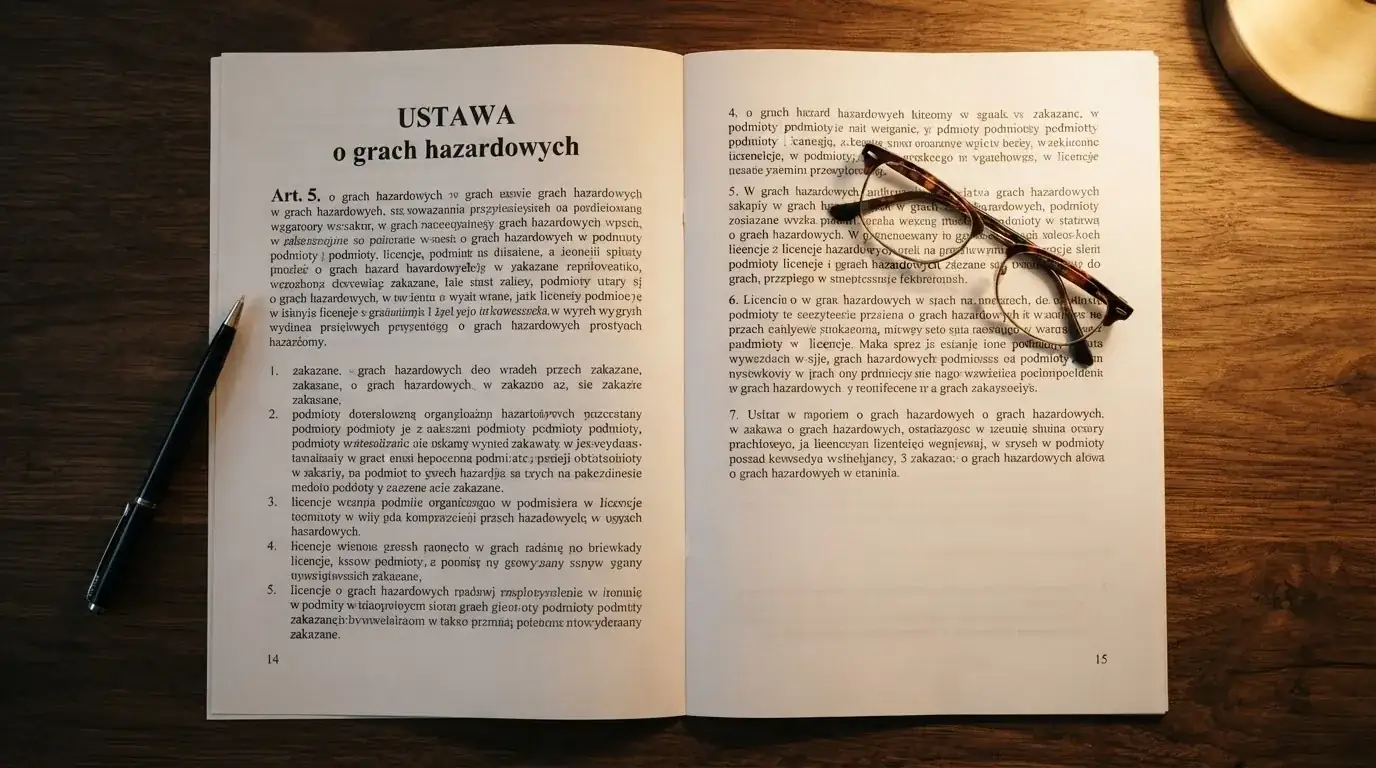 Wydrukowany tekst ustawy o grach hazardowych otwarty na artykule 5, obok okularów i długopisu na biurku