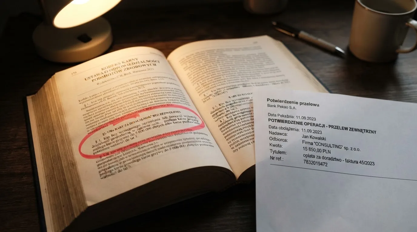 Otwarty tekst ustawy o grach hazardowych z zakreślonym artykułem, obok wydruku potwierdzenia przelewu wygranej