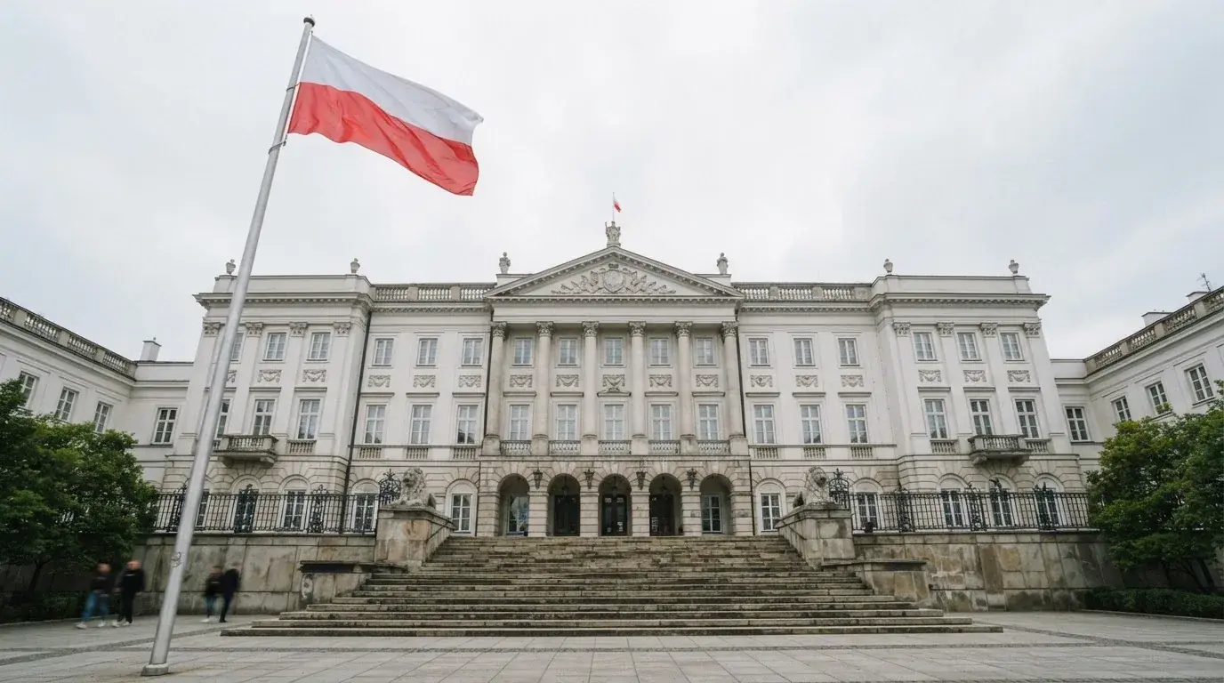 Budynek urzędu administracji państwowej z flagą Polski na maszcie w tle