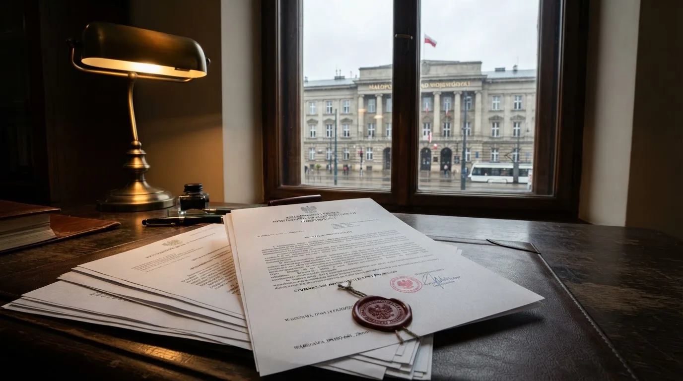 Stos dokumentów urzędowych i pieczęć na biurku, w tle sylwetka budynku administracji publicznej