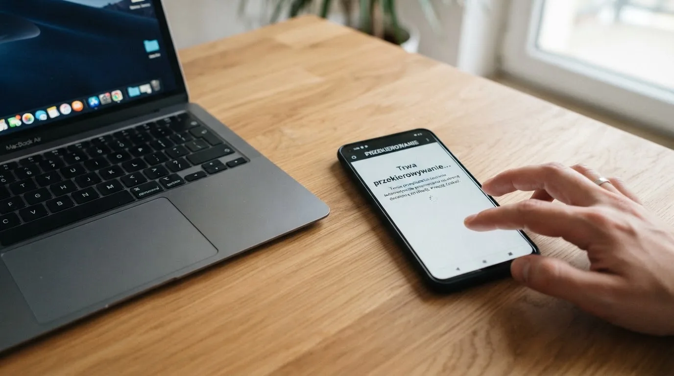 Dłoń trzyma smartfon z przeglądarką pokazującą komunikat o przekierowaniu strony, telefon leży obok otwartego laptopa na biurku.