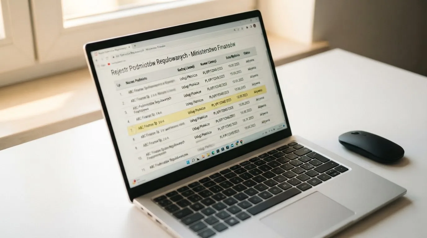 Ekran laptopa z otwartym rejestrem licencji regulatora z Curaçao, w którym jeden wiersz zaznaczono żółtym podświetleniem