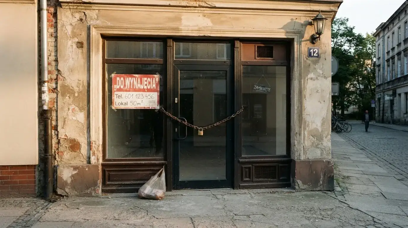 Pusty, zamknięty lokal handlowy z tabliczką „do wynajęcia”, symbolizujący brak działających salonów gry bingo pieniężne