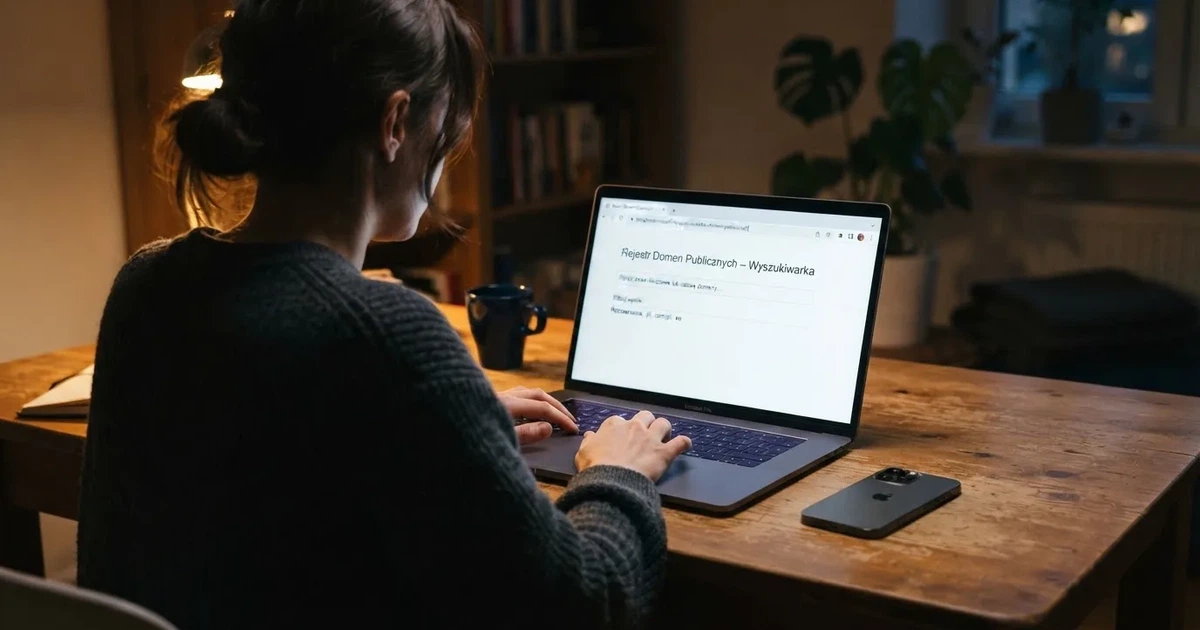 Gracz przy biurku porównuje na laptopie adres strony kasyna z publicznym rejestrem domen, obok leży smartfon