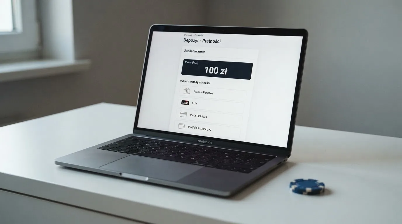 Laptop z oknem wpłaty na ePortfel, wpisana kwota 100 zł i lista metod: BLIK, karta płatnicza, szybki przelew