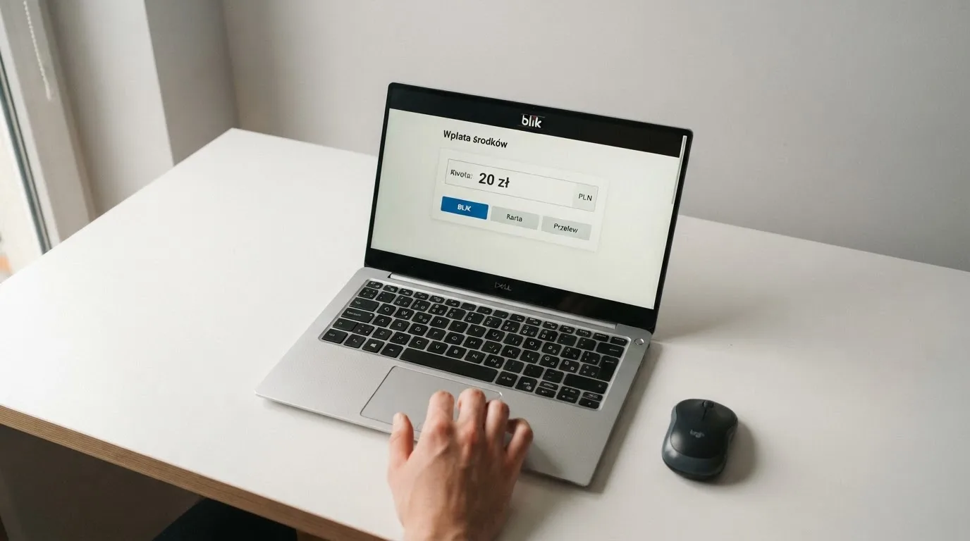 Laptop z otwartym formularzem wpłaty na kwotę 20 zł i wyborem między szybkim przelewem, kartą płatniczą a BLIK-iem